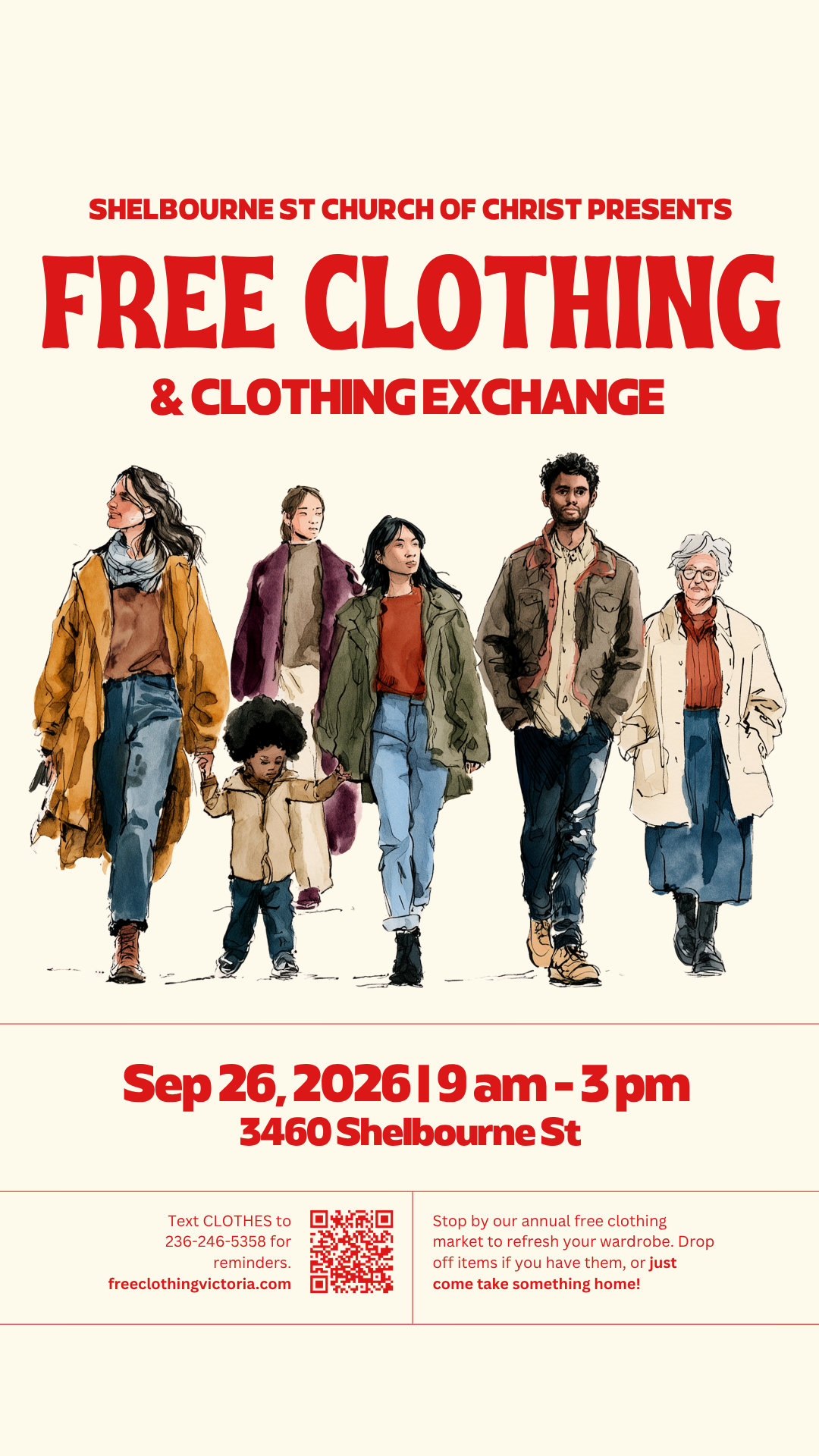 Free Clothing & Clothing Exchange poster — Sep 26, 2026, 9am–3pm, 3460 Shelbourne St Victoria BC